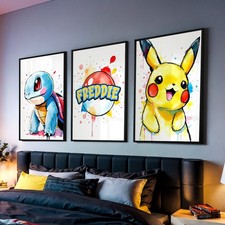 Listing image for Pokemon Children's Bedroom Wall Art Personalised Gift Print Pikachu Set of 3